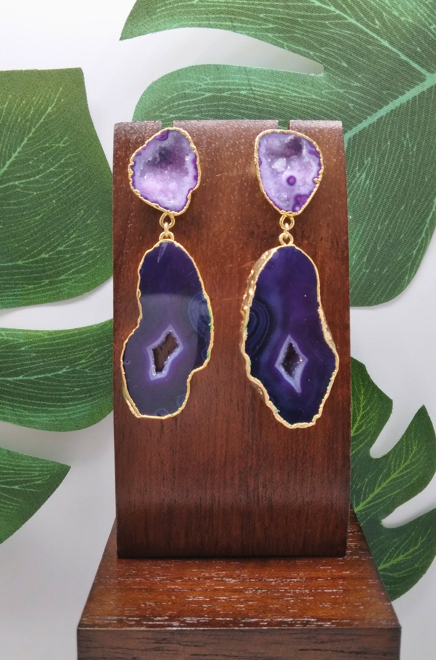 Deep Purple Agate Slice Drop Earrings