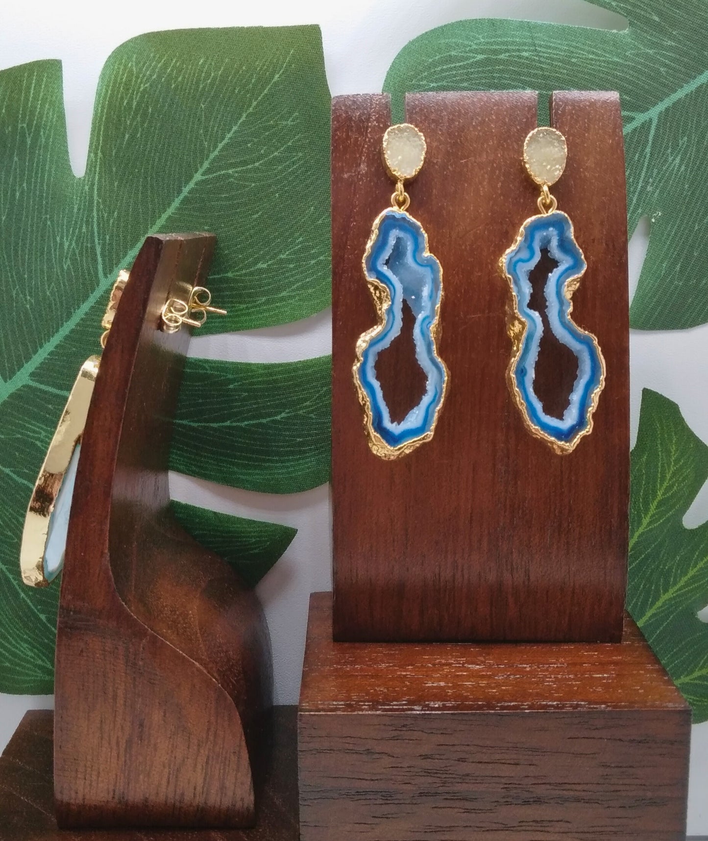 Blue Agate Slice and Yellow Sugar Druzy Drop Earrings