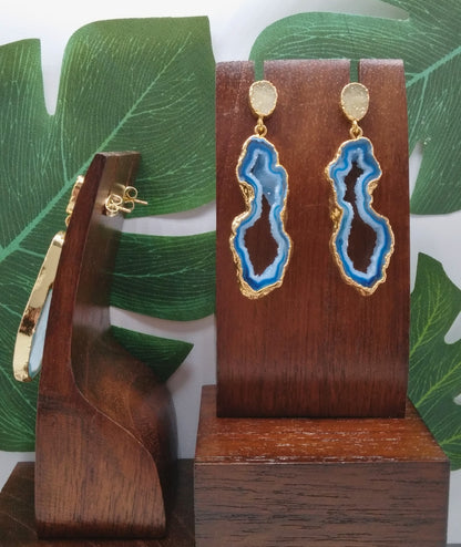 Blue Agate Slice and Yellow Sugar Druzy Drop Earrings