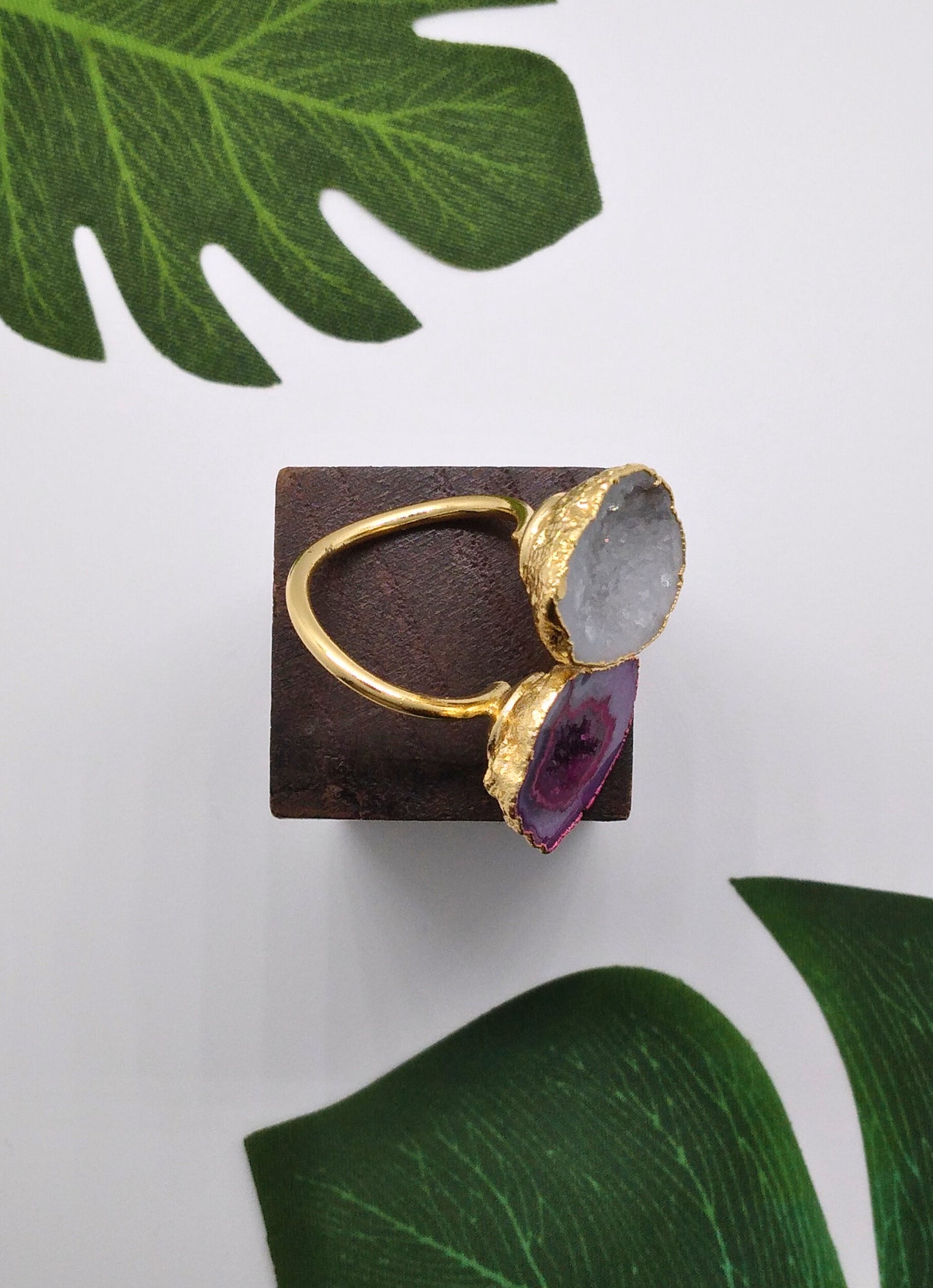 Star Shine and Magenta Double Geode Druzy Ring