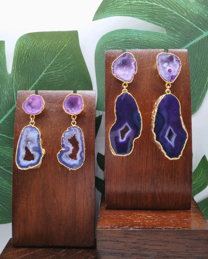 Deep Purple Agate Slice Drop Earrings