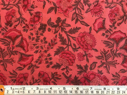 Pink and grey flowers Screen Printed Fabric 100% Cotton