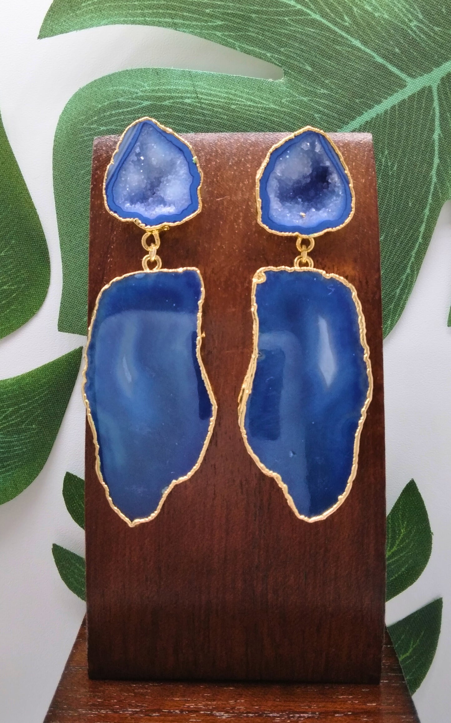 Sea Blue Agate Slice Drop Earrings