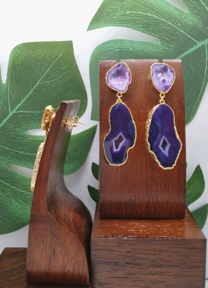 Deep Purple Agate Slice Drop Earrings