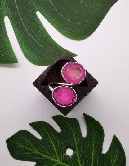 Hot Pink Double Geode Druzy Silver Ring