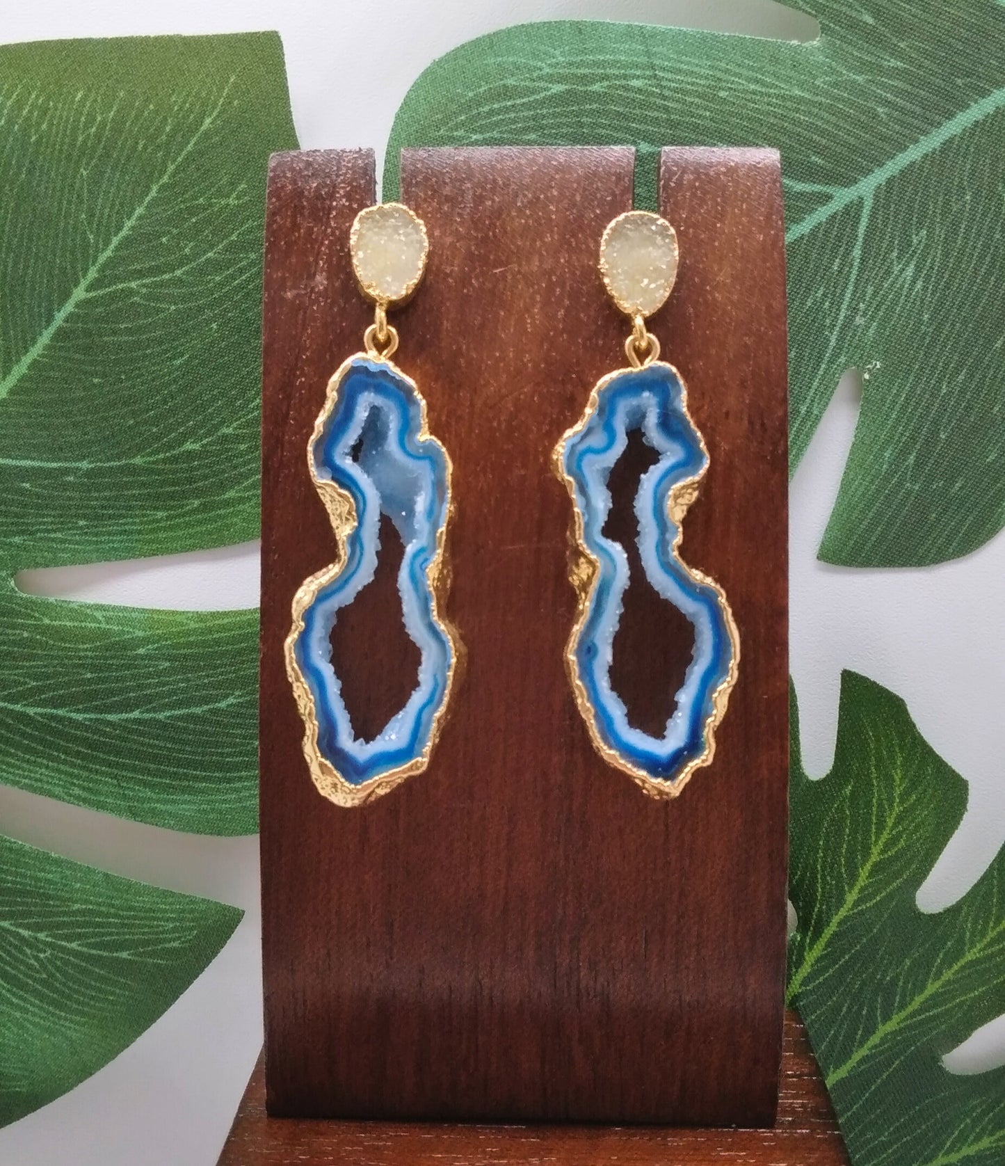 Blue Agate Slice and Yellow Sugar Druzy Drop Earrings