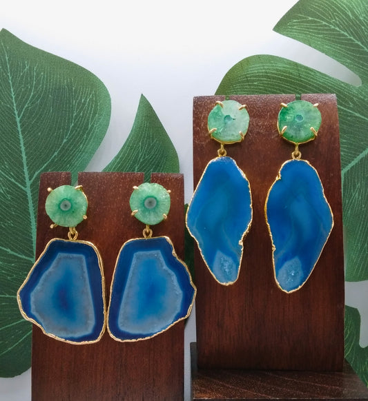 Sea Blue Agate Slice and Ocean Green Solar Quartz Drop Earrings