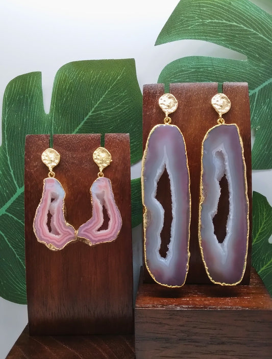 Pink Agate Slice and Gold Stud Drop Earrings