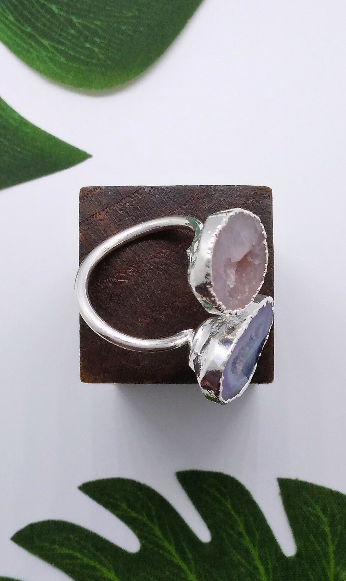 Purple and Pastel Pink Double Geode Druzy Silver Ring