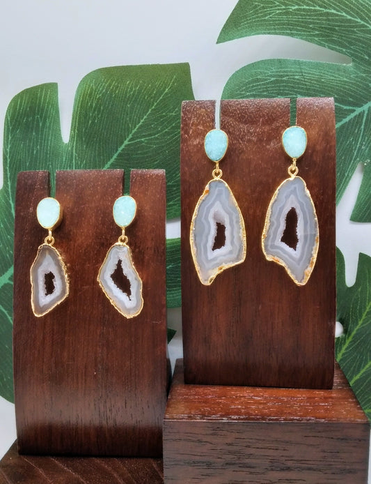 White Agate Slice and Mint Sugar Druzy Drop Earrings