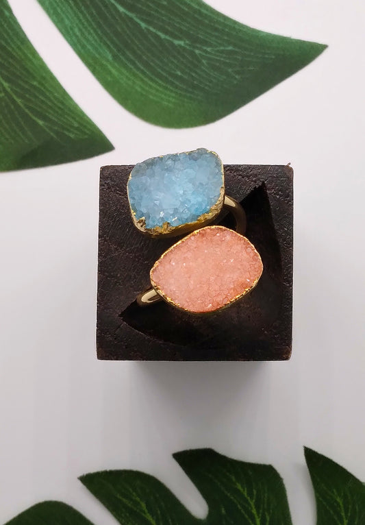 Peach and Sky Blue Double Druzy Agate Ring