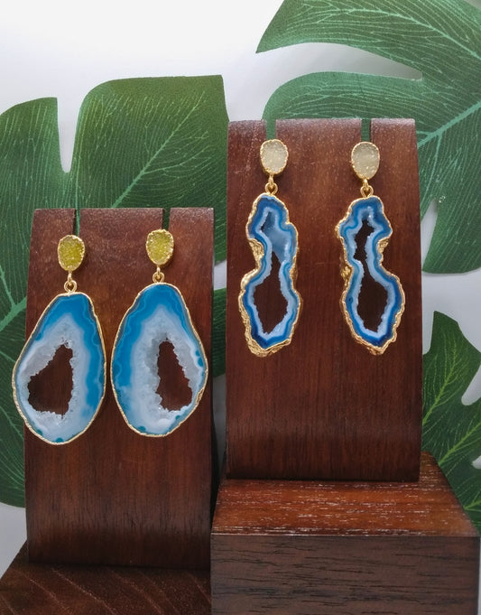 Blue Agate Slice and Yellow Sugar Druzy Drop Earrings