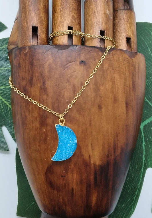 Ocean Blue Geode Druzy Moon Necklace