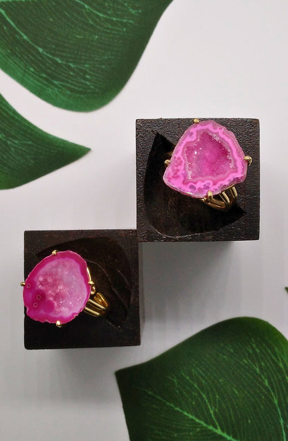 Hot Pink Claw Geode Druzy Ring