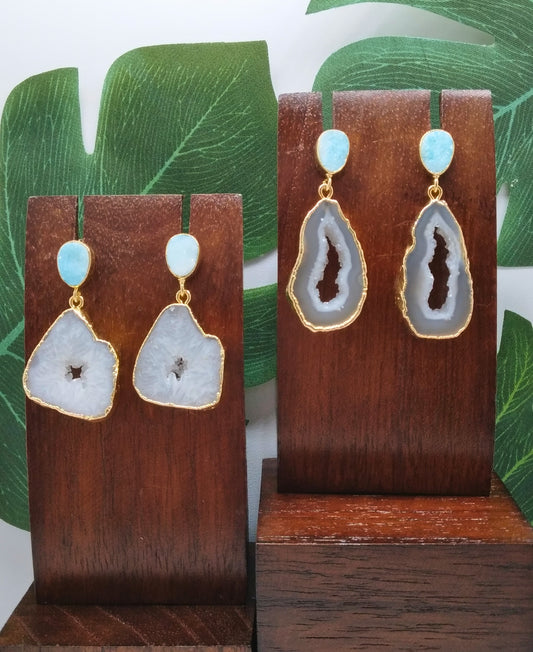 White Agate Slice and Blue Sugar Druzy Drop Earrings