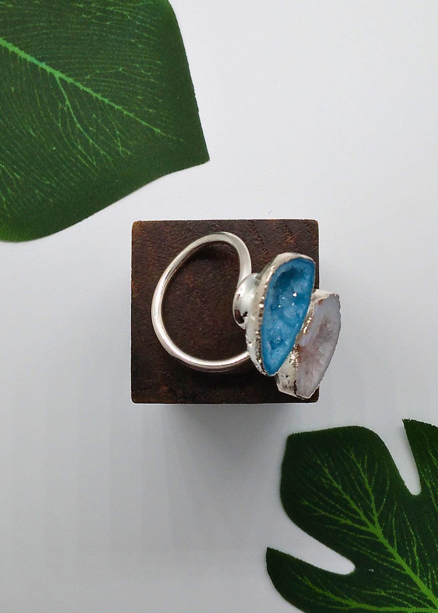 Aqua Blue and Star Shine Double Geode Druzy Silver Ring