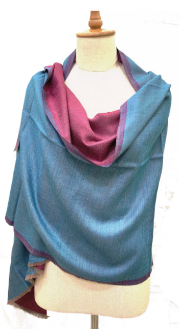 Cashmere wool and Silk scarf - Hand loomed scarves blue and crushed raspberry