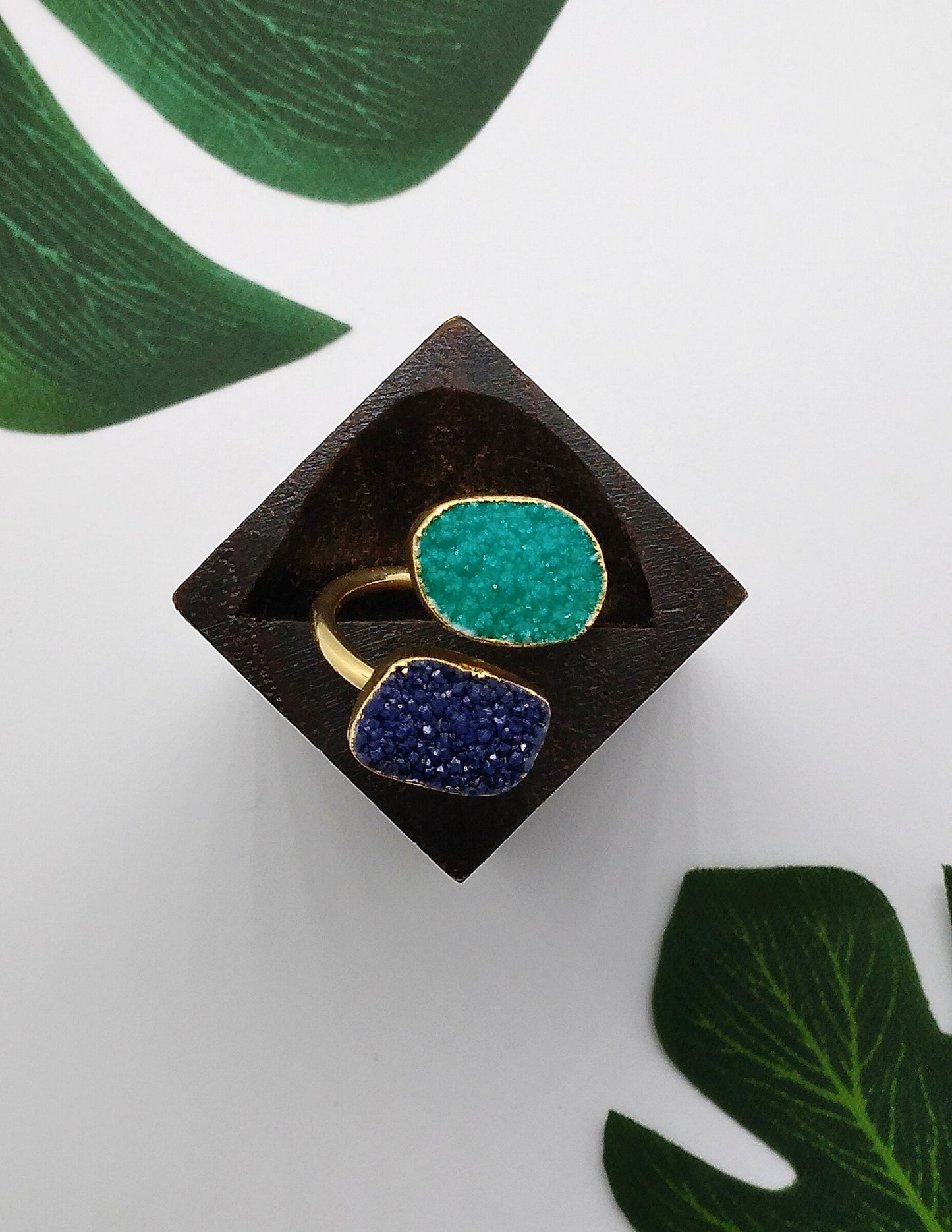 Blue and Sea Green Double Druzy Agate Ring