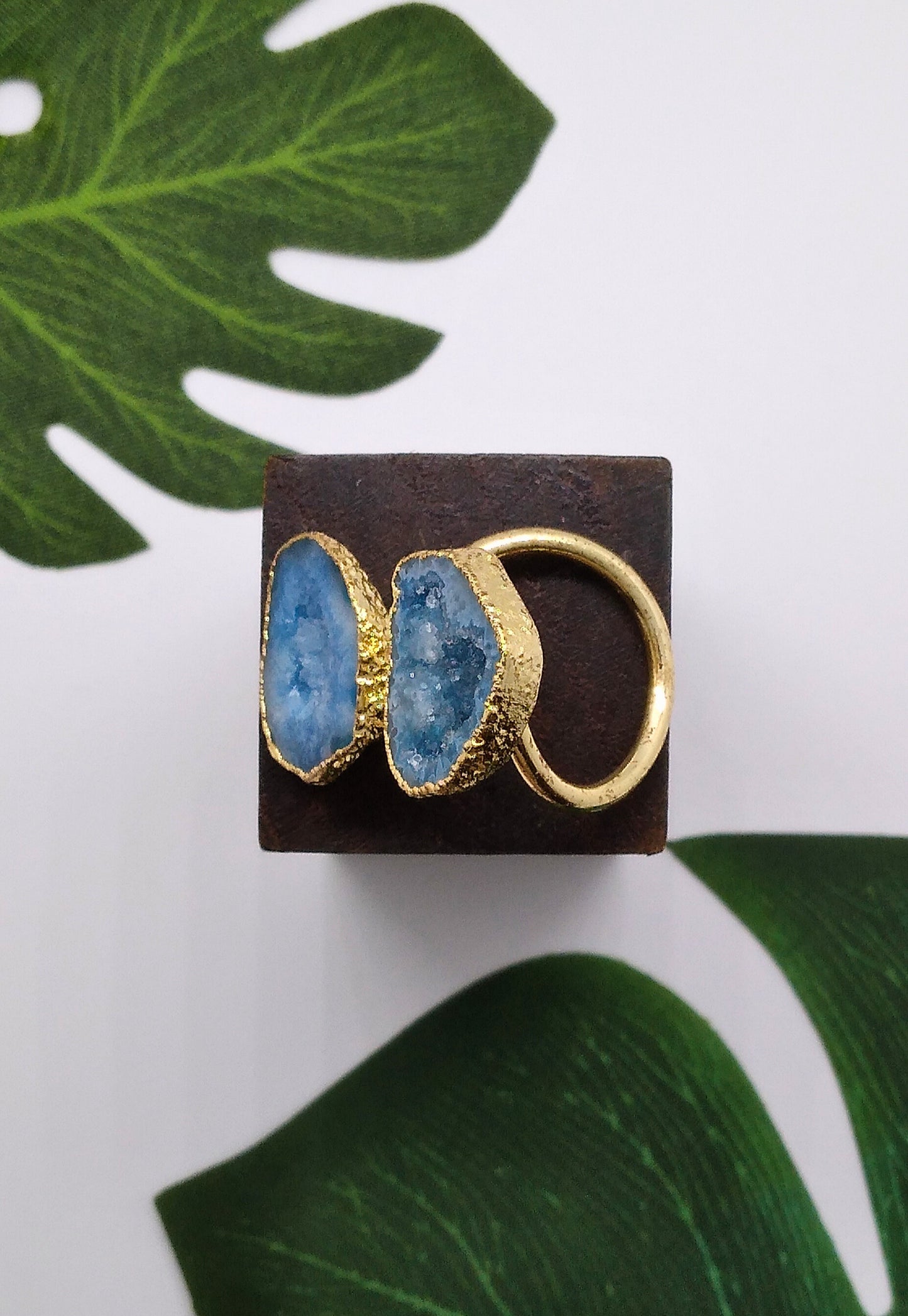 Aqua Blue Double Geode Druzy Ring