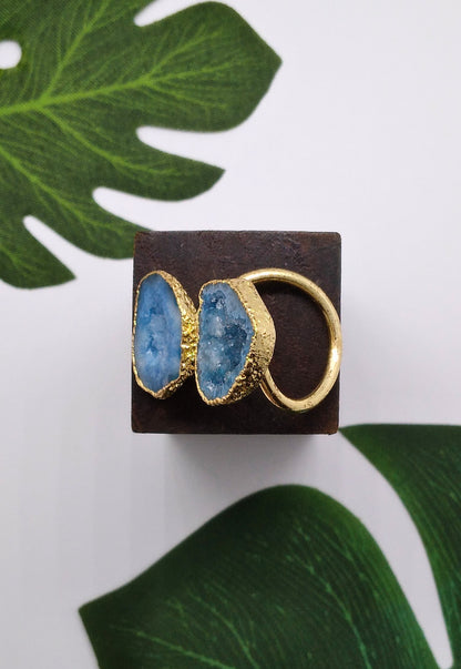 Aqua Blue Double Geode Druzy Ring