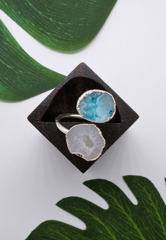 Star Shine and Sea Green Double Geode Druzy Silver Ring