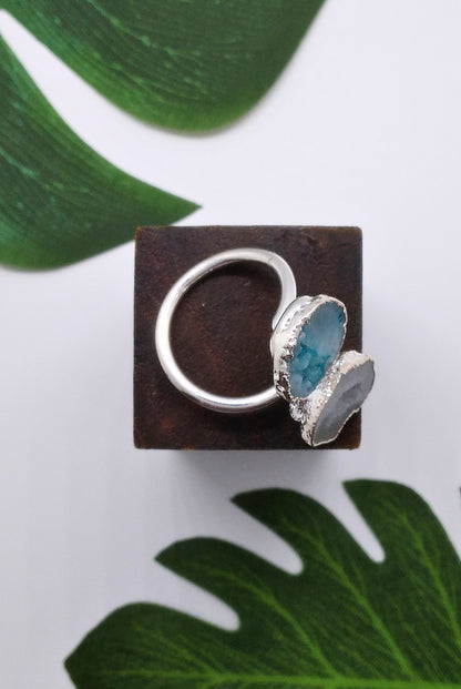 Star Shine and Sea Green Double Geode Druzy Silver Ring