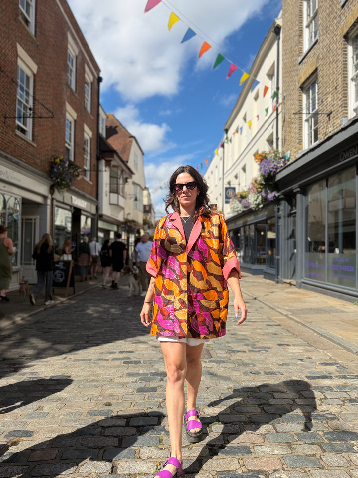 Golden Foliage Linen Jacket: Mid-Length