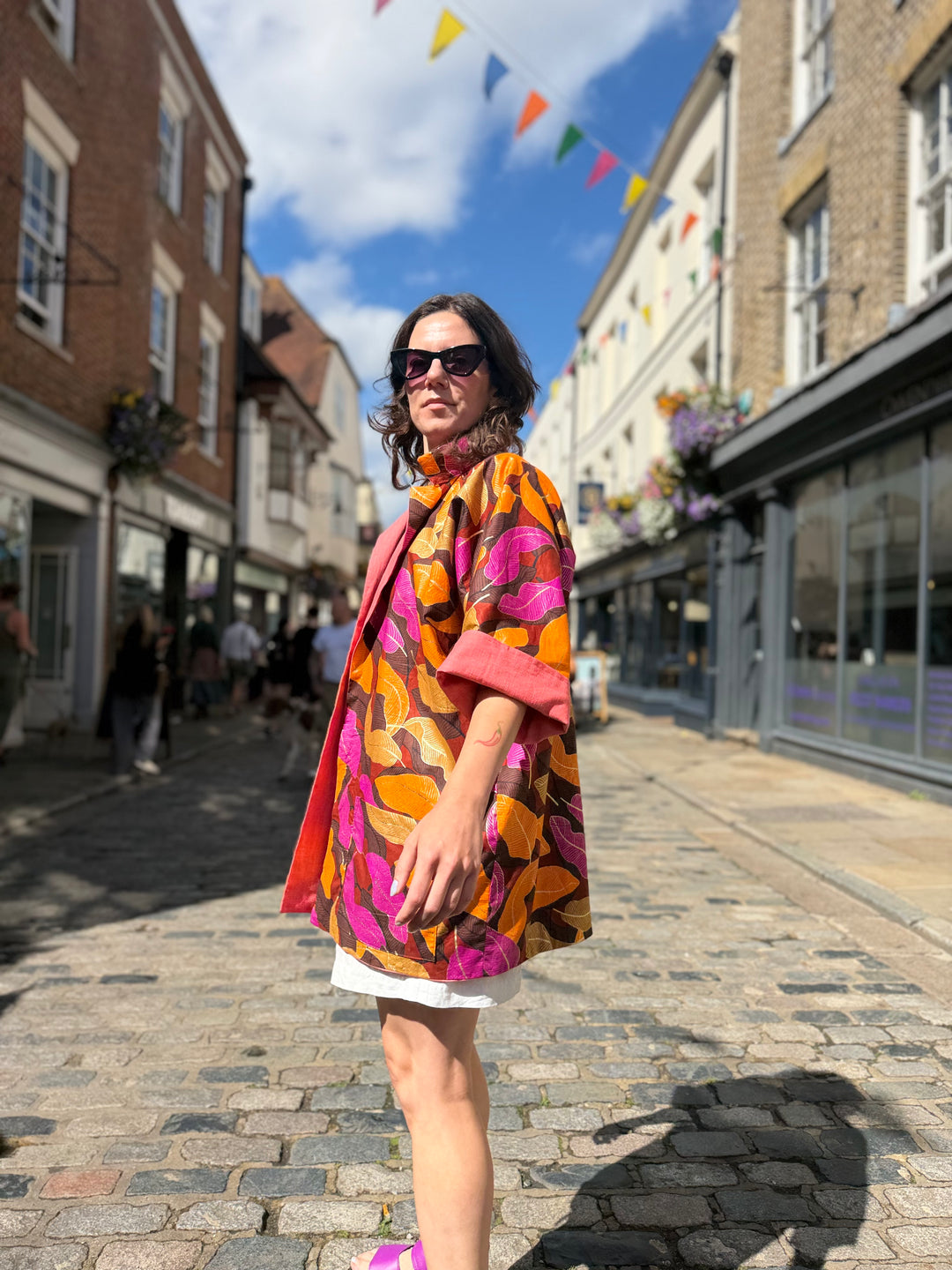 Golden Foliage Linen Jacket: Mid-Length
