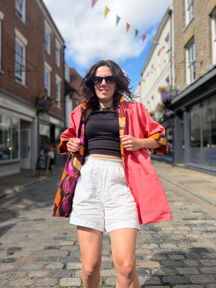 Golden Foliage Linen Jacket: Mid-Length