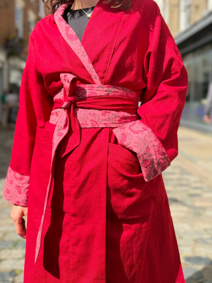 Berry Delicious Linen Coat: Reversible, and featuring an Obi Belt
