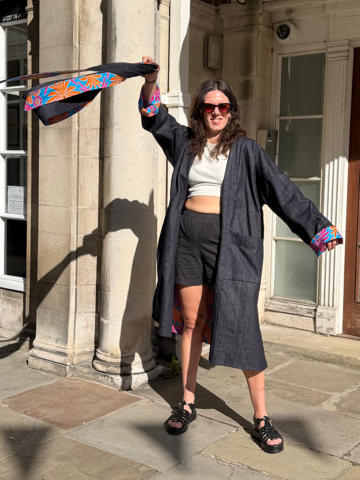 Hotel Tropicana Reversible Denim Coat featuring an Obi Belt