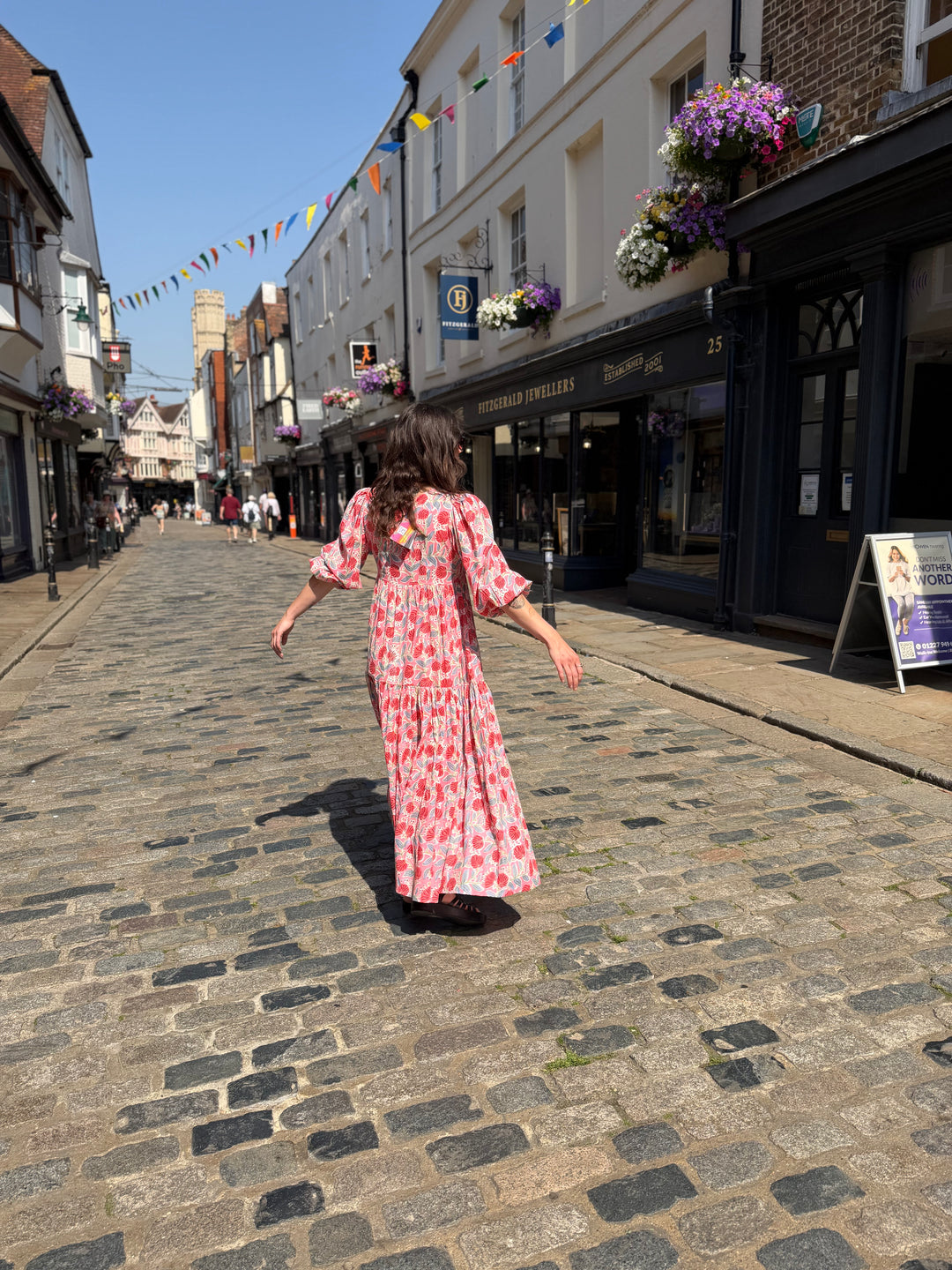 Pink Block Print Cotton Tiered Dress
