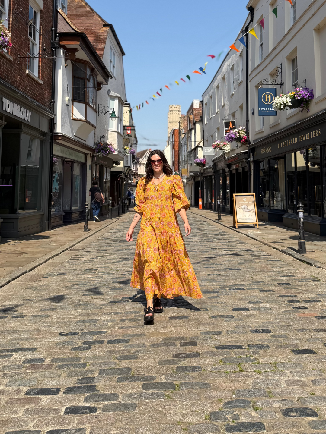 Yellow Screen Print Cotton Tiered Dress