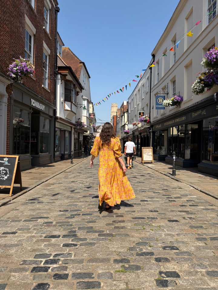 Yellow Screen Print Cotton Tiered Dress