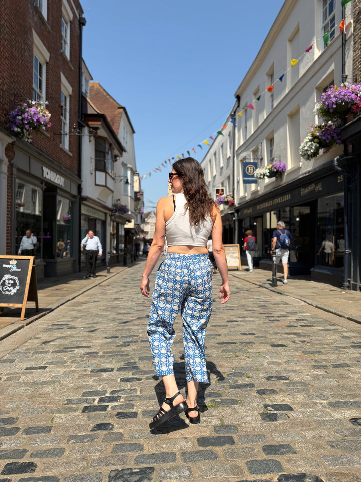 Blue White Floral Print Trousers