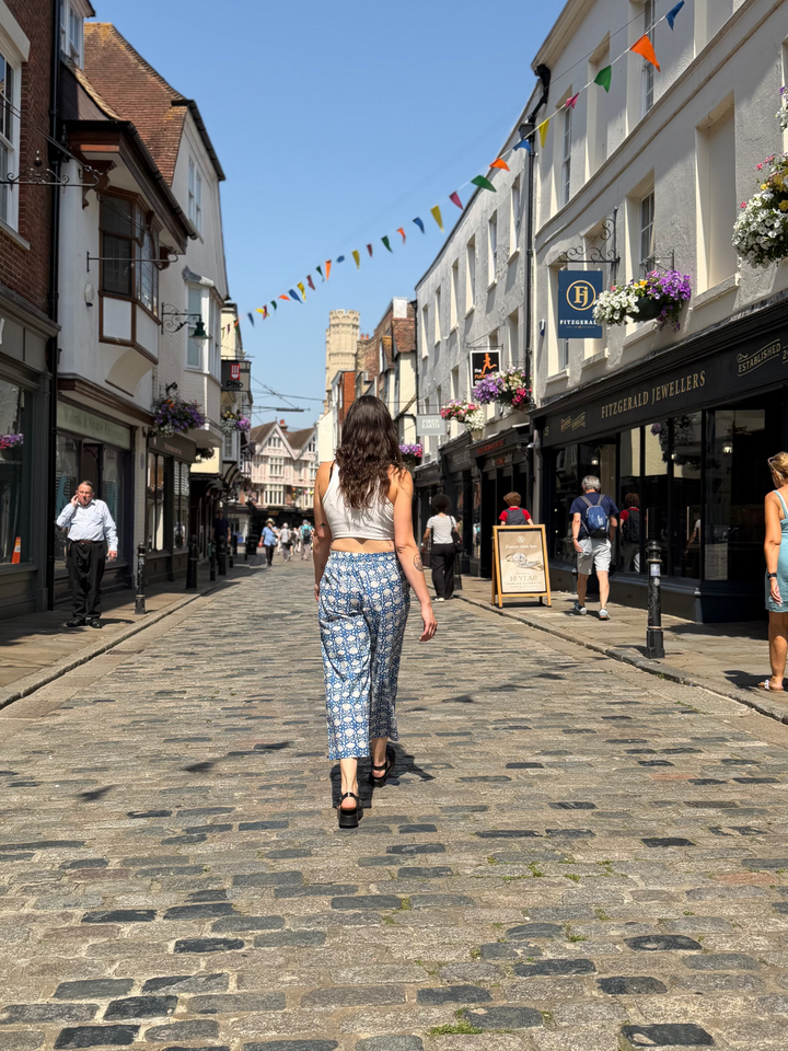 Blue White Floral Print Trousers