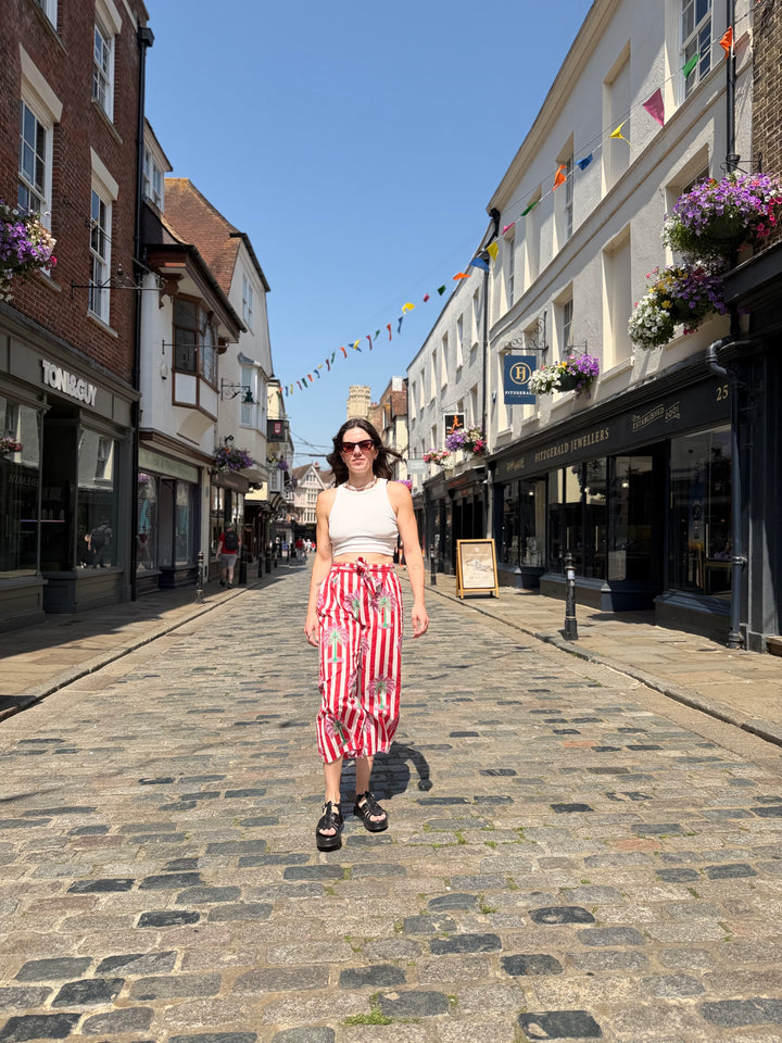 Red White Palm Tree Print Trousers