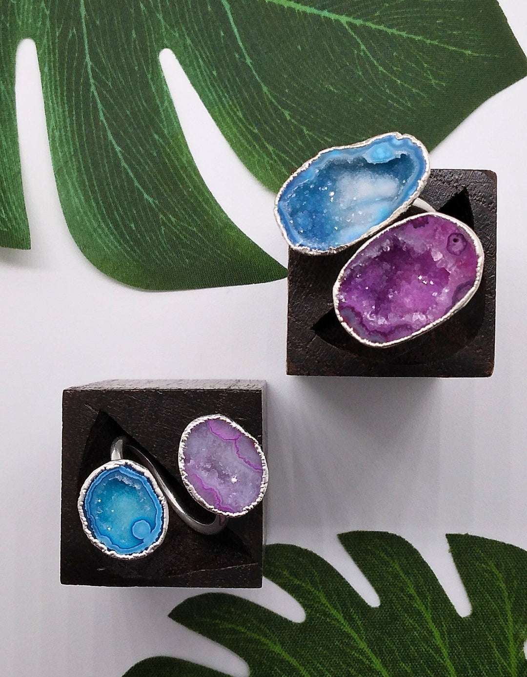 Aqua Blue and Magenta Double Geode Druzy Silver Ring - Violet Elizabeth - Jewellery