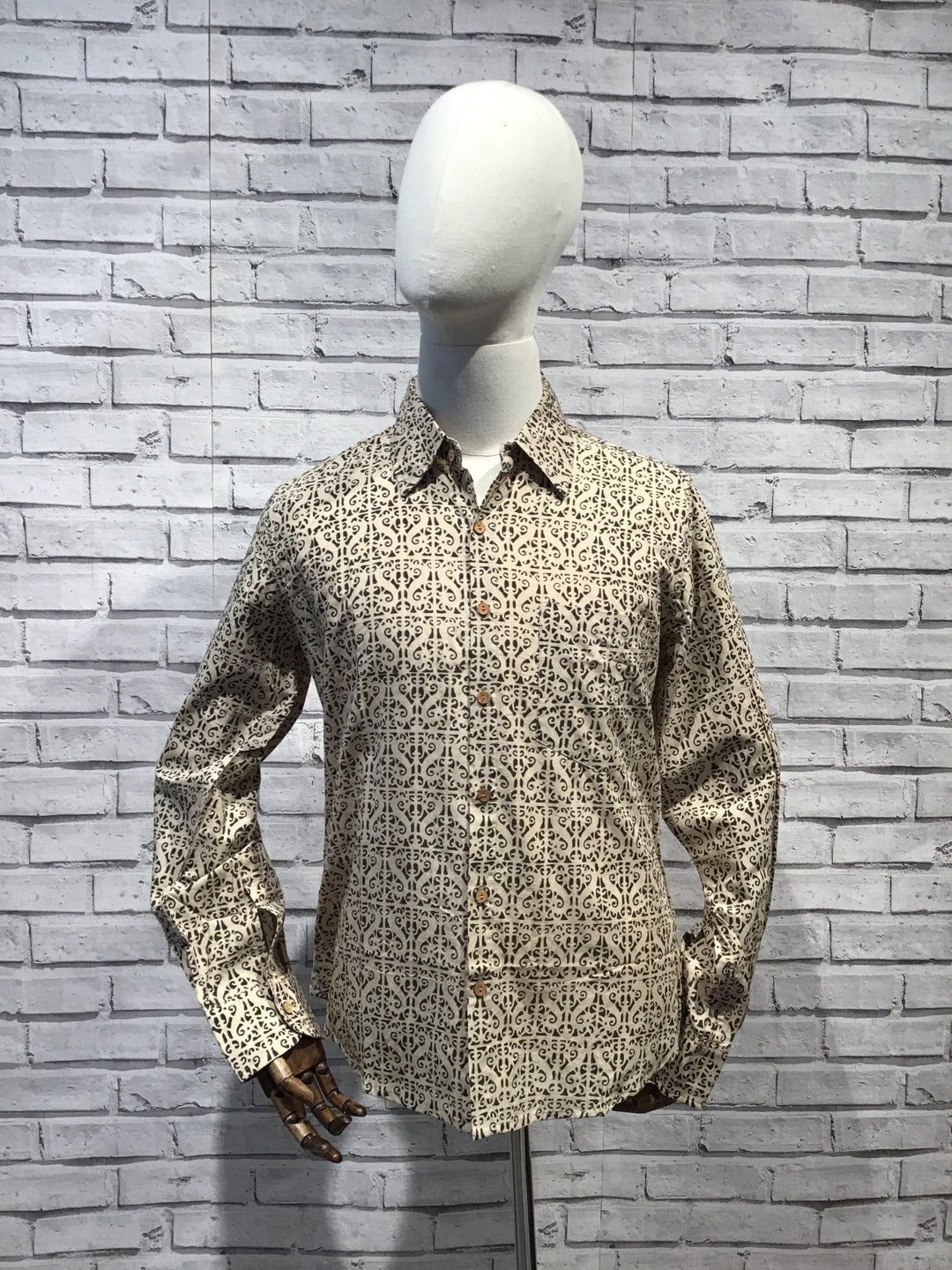 Black and natural Bagru block print mens shirt