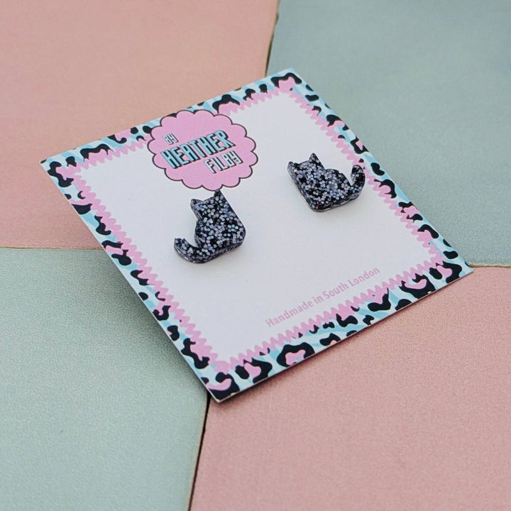 Black Cat Glitter Stud Earrings - Best Seller - Violet Elizabeth - Jewellery