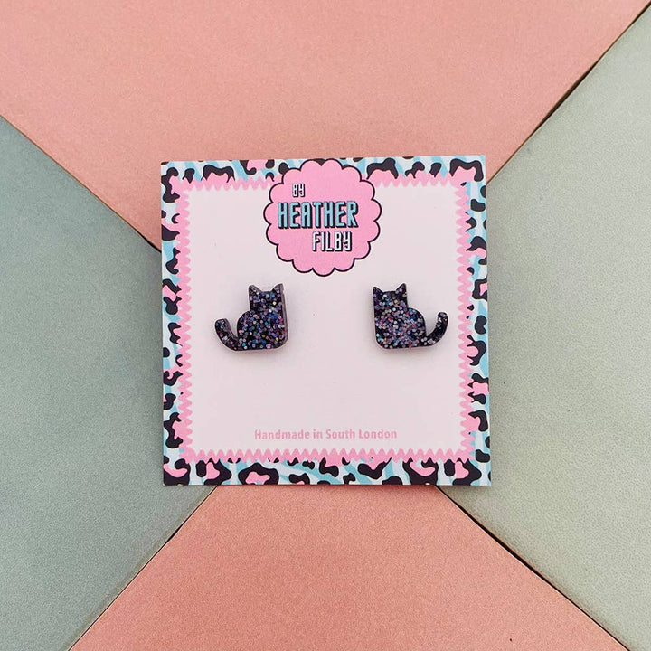 Black Cat Glitter Stud Earrings - Best Seller - Violet Elizabeth - Jewellery