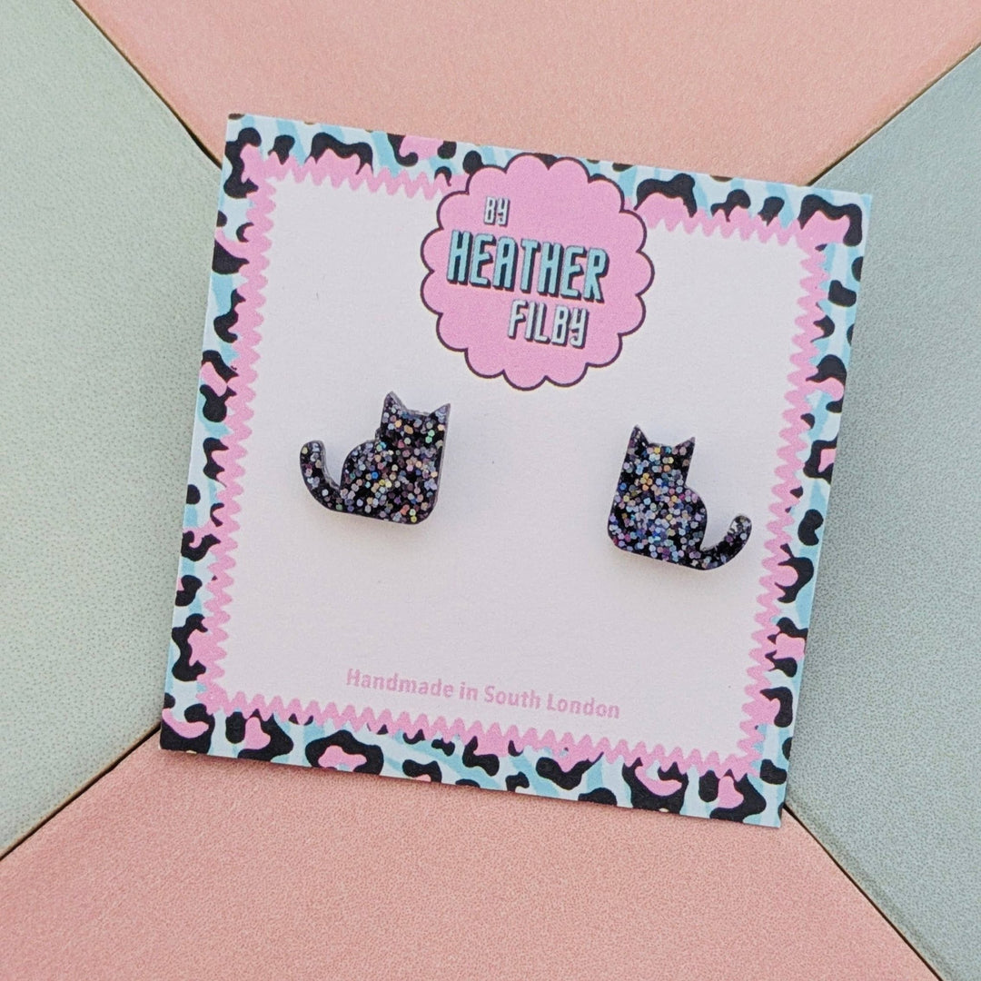Black Cat Glitter Stud Earrings - Best Seller - Violet Elizabeth - Jewellery