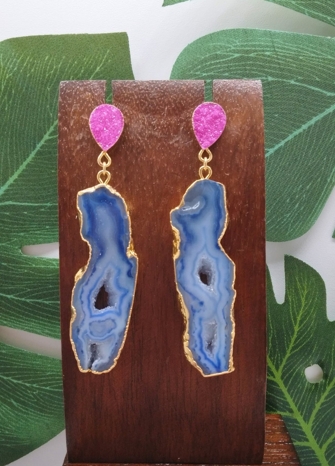 Blue Agate Slice and Pink Sugar Druzy Drop Earrings - Violet Elizabeth - Jewellery