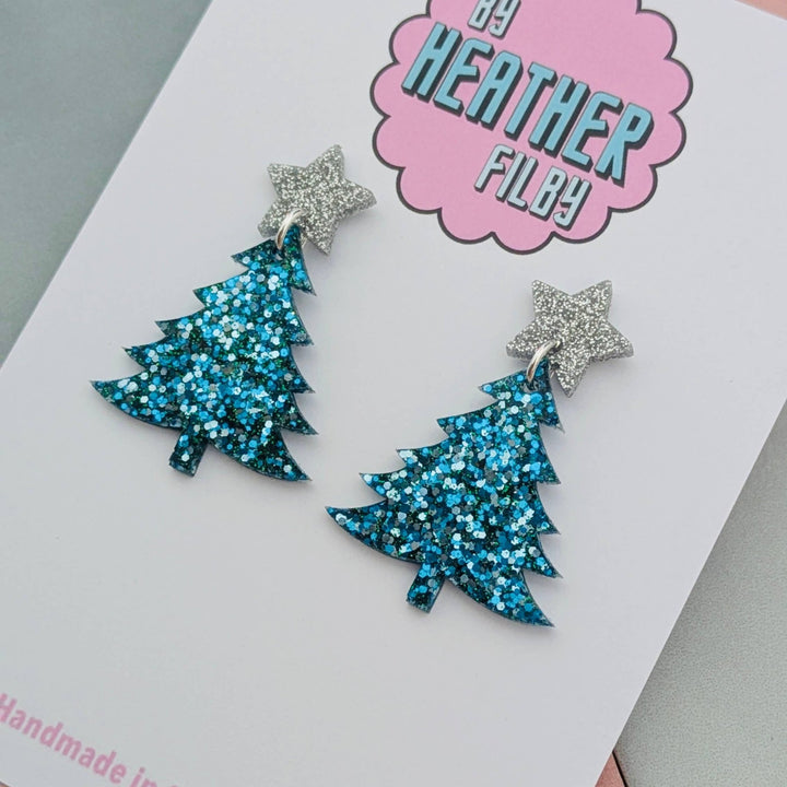 Blue and Silver Glitter Christmas Tree Earrings - Violet Elizabeth - Jewellery
