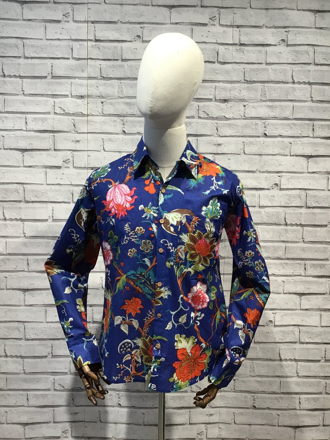 Blue Floral Screen Printed Cotton Shirt - Violet Elizabeth - Clothing