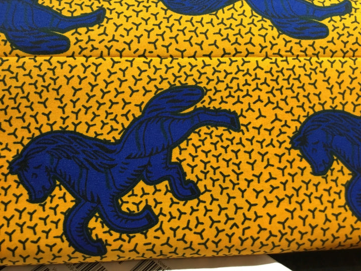 Blue Horses On Yellow Wax Print Fabric