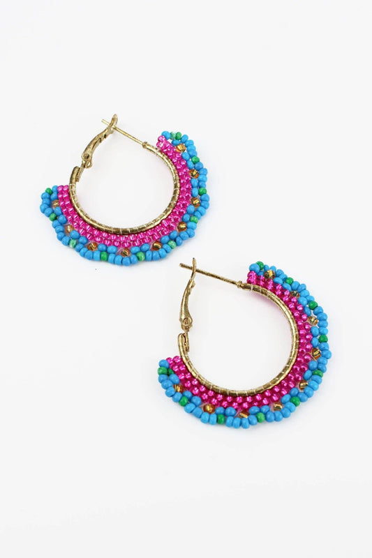 BLUE & PINK BEADED HOOP EARRING - Violet Elizabeth - Jewellery