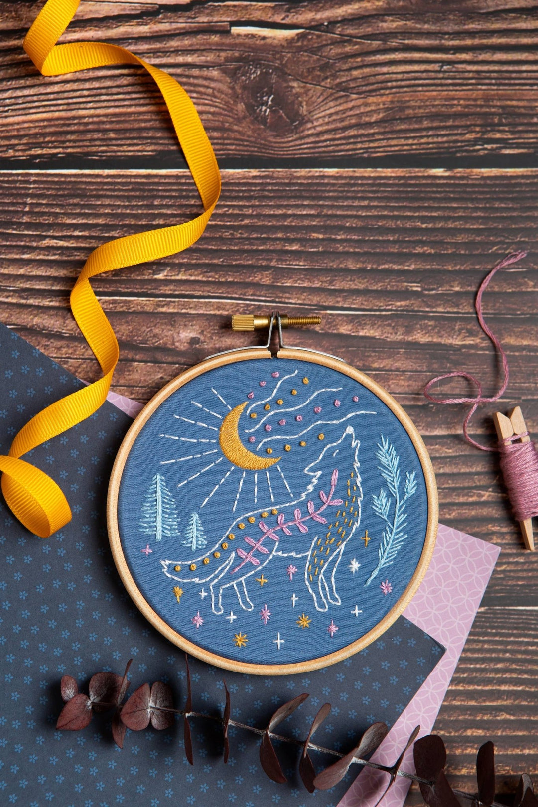 Celestial Wolf Mini Embroidery Kit | Complete Craft Kit for Beginners - Violet Elizabeth - Haberdashery