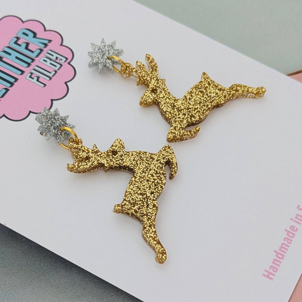 Christmas Gold Reindeer Glitter Earrings - Violet Elizabeth - Jewellery