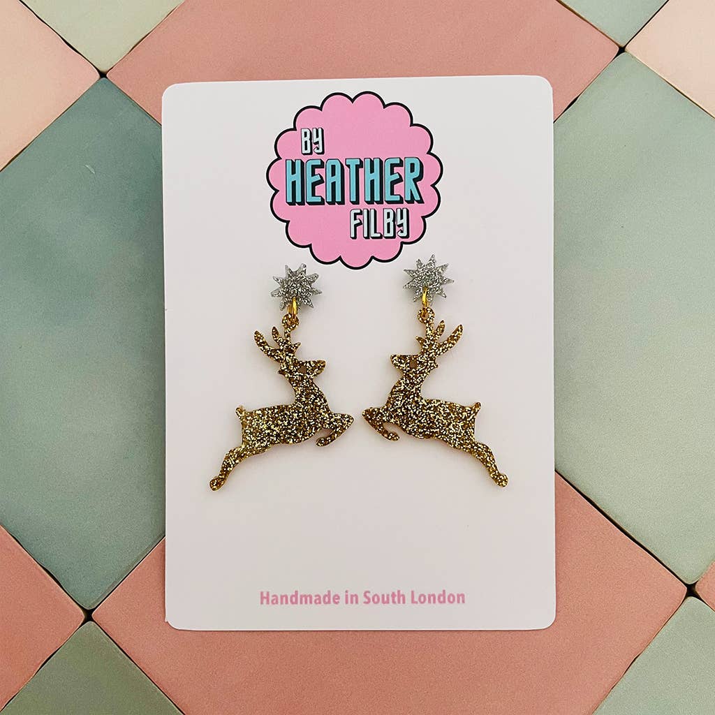 Christmas Gold Reindeer Glitter Earrings - Violet Elizabeth - Jewellery
